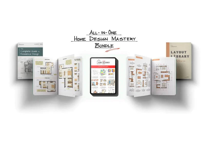 All-in-One Home Design Mastery Bundle showing the residence design eBook, 14-day course, and layout library together
