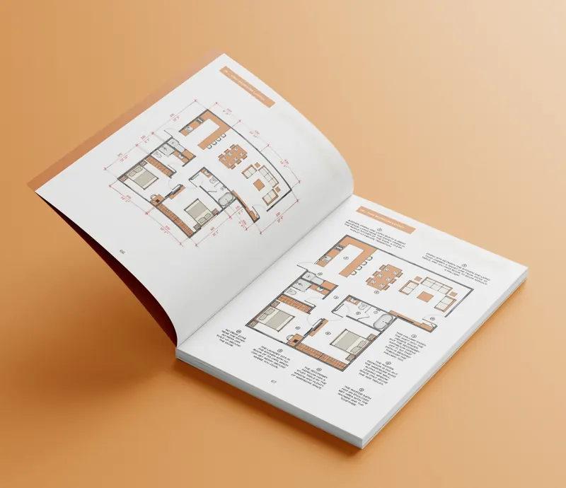 Open Layout Library book showing dimensioned residential floor plans with design annotations